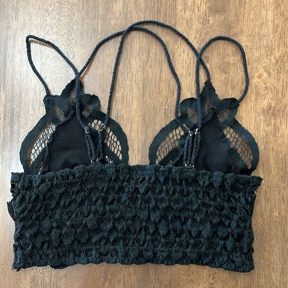 Free People FP One Adella Bralette Black XS Crochet Lace Longline Mesh Strappy - Picture 4 of 4